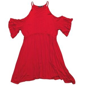Boohoo Dress 12 L XL Red Cold Shoulder Skater Flare Knee Length NEW Sundress